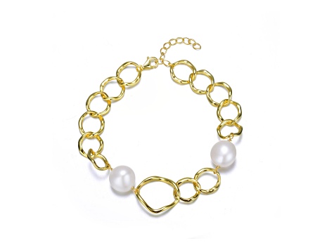 14k Yellow Gold Plating over Sterling Silver with Genuine Freshwater Pearl Chain Bracelet