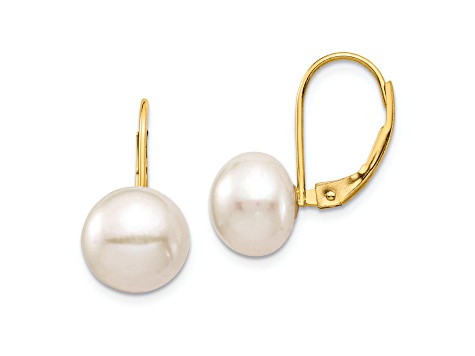 14K Yellow Gold 9-10mm White Button Freshwater Cultured Pearl Leverback Earrings