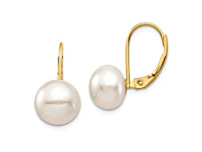 14K Yellow Gold 9-10mm White Button Freshwater Cultured Pearl Leverback Earrings