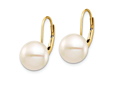 14K Yellow Gold 9-10mm White Button Freshwater Cultured Pearl Leverback Earrings