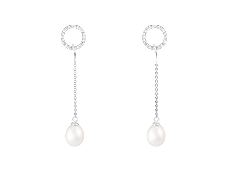 7.5-8mm White Cultured Freshwater Pearl and Cubic Zirconia Rhodium Over Sterling Silver Earrings