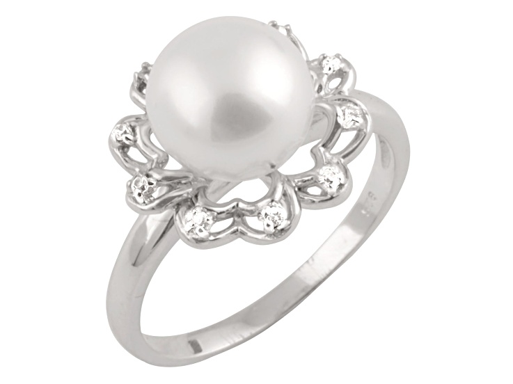 8.5-9mm White Button Cultured Freshwater Pearl and Cubic Zirconia Rhodium Over Silver Ring