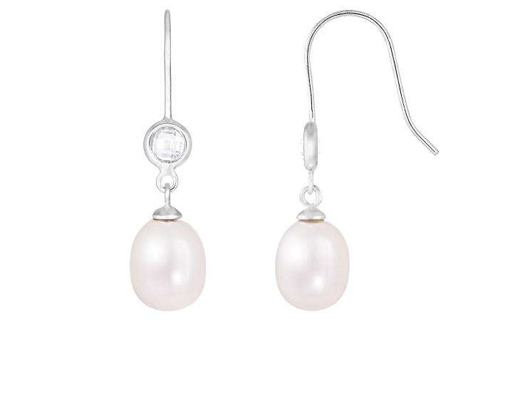 7.5-8mm White Cultured Freshwater Pearl and Cubic Zirconia Rhodium Over Sterling Silver Earrings