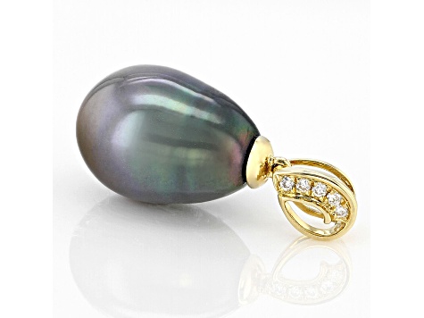 Peacock Tahitian Cultured Pearl With Diamonds 18k Gold Pendant