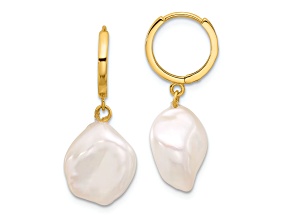 14K Yellow Gold 11-12mm Keshi White Freshwater Cultured Pearl Dangle Hoop Earrings