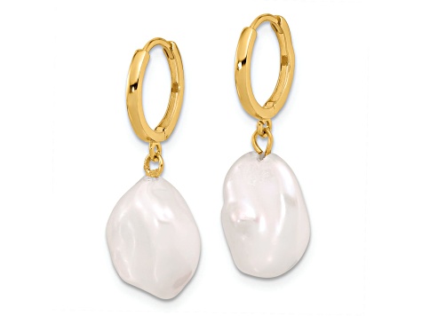 14K Yellow Gold 11-12mm Keshi White Freshwater Cultured Pearl Dangle Hoop Earrings