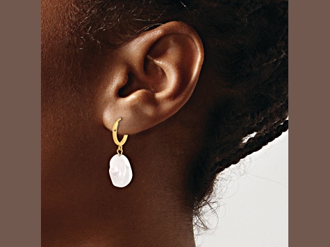 14K Yellow Gold 11-12mm Keshi White Freshwater Cultured Pearl Dangle Hoop Earrings