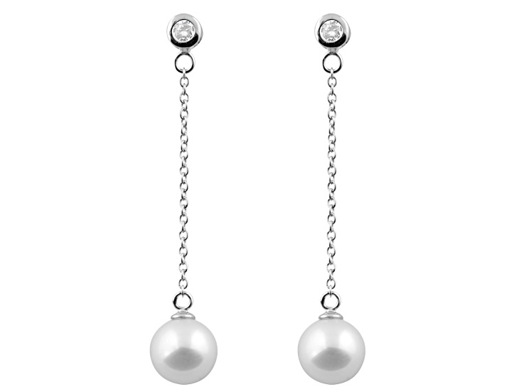 8-9mm White Cultured Freshwater Pearl and Cubic Zirconia Rhodium Over Sterling Silver Earrings