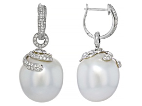 White Australian South Sea Cultured Pearl & Diamonds 18k White Gold Earrings