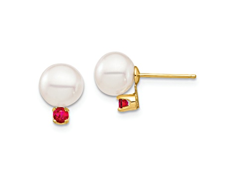 14K Yellow Gold 7-7.5mm White Round Freshwater Cultured Pearl Ruby Post Earrings