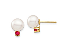 14K Yellow Gold 7-7.5mm White Round Freshwater Cultured Pearl Ruby Post Earrings