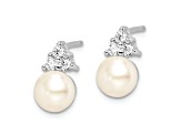 Rhodium Over Sterling Silver 6-7mm White Freshwater Cultured Pearl Cubic Zirconia Post Earrings