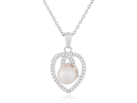 7-8mm Button White Cultured Freshwater and Cubic Zirconia Pearl Rhodium Over Sterling Silver Pendant