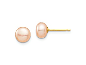 14k Yellow Gold 6-7mm Pink Button Freshwater Cultured Pearl Stud Earrings