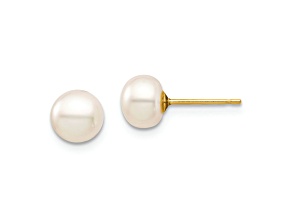 14k Yellow Gold 6-7mm White Button Freshwater Cultured Pearl Stud Earrings