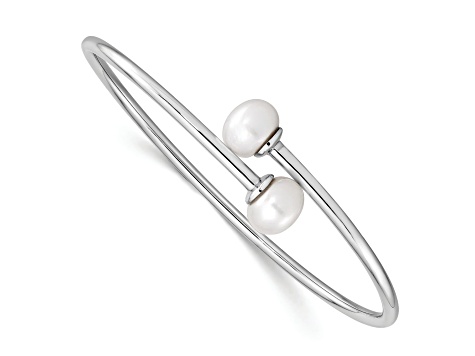 Rhodium Over Sterling Silver 9-10mm White Freshwater Cultured Pearl Flexible Cuff Bangle
