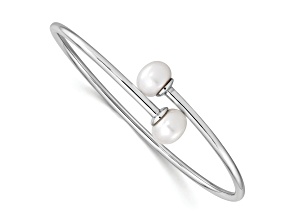 Rhodium Over Sterling Silver 9-10mm White Freshwater Cultured Pearl Flexible Cuff Bangle