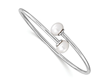 Picture of Rhodium Over Sterling Silver 9-10mm White Freshwater Cultured Pearl Flexible Cuff Bangle