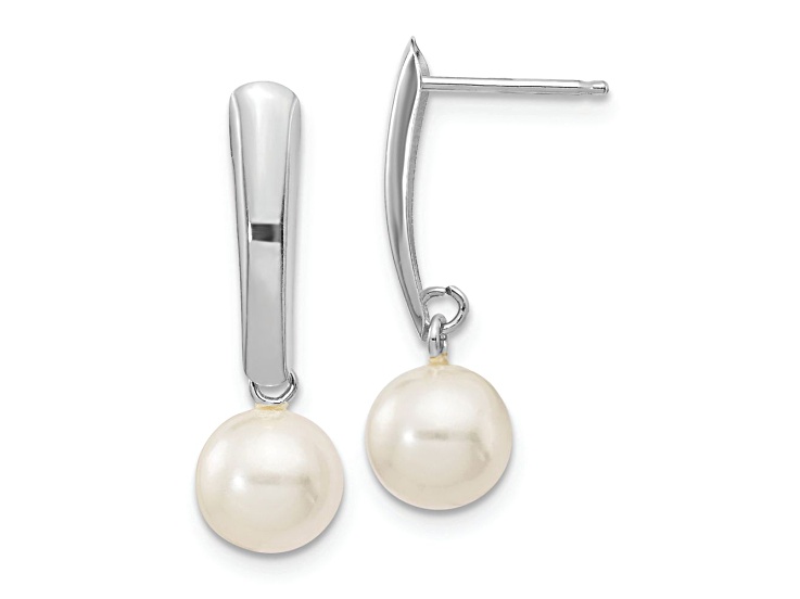 Rhodium Over 10k White Gold 6-7mm Round White Freshwater Cultured Pearl Dangle Earrings