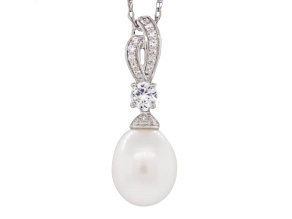 10-10.5mm Off-Round White Freshwater Pearl, Cubic Zirconia Sterling Silver Drop Pendant with Chain