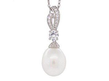 Picture of 10-10.5mm Off-Round White Freshwater Pearl, Cubic Zirconia Sterling Silver Drop Pendant with Chain