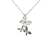 White Mother-Of-Pearl and Marcasite Sterling Silver Graduated Butterfly Design Pendant with Chain