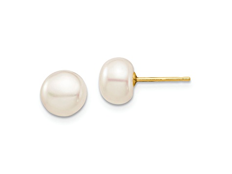 14k Yellow Gold 7.32mm White Button Freshwater Cultured Pearl Stud Earrings