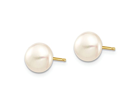 14k Yellow Gold 7.32mm White Button Freshwater Cultured Pearl Stud Earrings