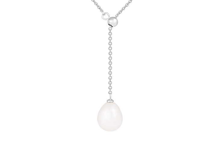 7-8mm Drop White Cultured Freshwater Pearl Rhodium Over Sterling Silver Strand Necklace