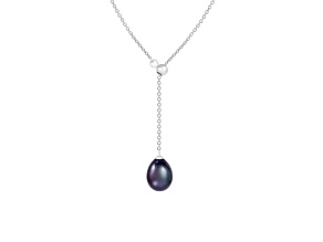 7-8mm Drop Black Cultured Freshwater Pearl Rhodium Over Sterling Silver Strand Necklace
