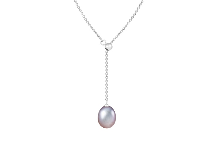 7-8mm Drop Gray Cultured Freshwater Pearl Rhodium Over Sterling Silver Strand Necklace