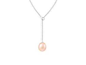 7-8mm Drop Pink Cultured Freshwater Pearl Rhodium Over Sterling Silver Strand Necklace