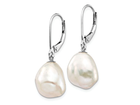 Rhodium Over 14K White Gold 13x15mm Keshi White Freshwater Cultured Pearl Dangle Earrings