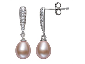 Pink Cultured Freshwater Pearl & Lab Created Sapphire Rhodium Over Sterling Silver Earrings