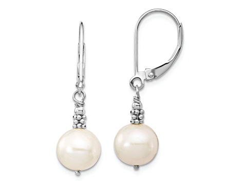 Rhodium Over 14K White Gold 8-9mm Near Round White Freshwater Cultured Pearl Leverback Earrings
