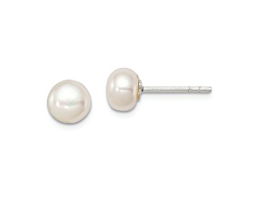 Sterling Silver White Freshwater Cultured Pearl 6-7mm Button Earrings