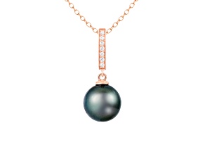 Black Cultured Tahitian Pearl and Diamond 14k Rose Gold Pendant 10-11mm