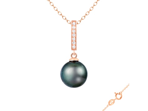 Black Cultured Tahitian Pearl and Diamond 14k Rose Gold Pendant 10-11mm