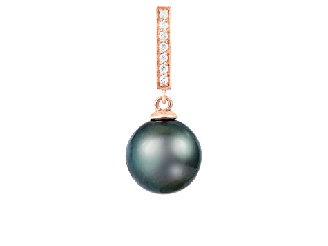 Black Cultured Tahitian Pearl and Diamond 14k Rose Gold Pendant 10-11mm