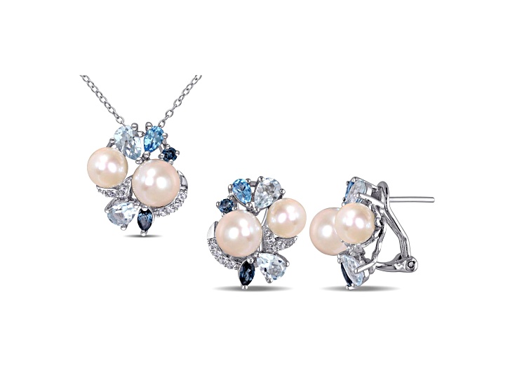 6.5-8MM Freshwater Cultured Pearl Multi-gems Earrings and Pendant Set in Sterling Silver