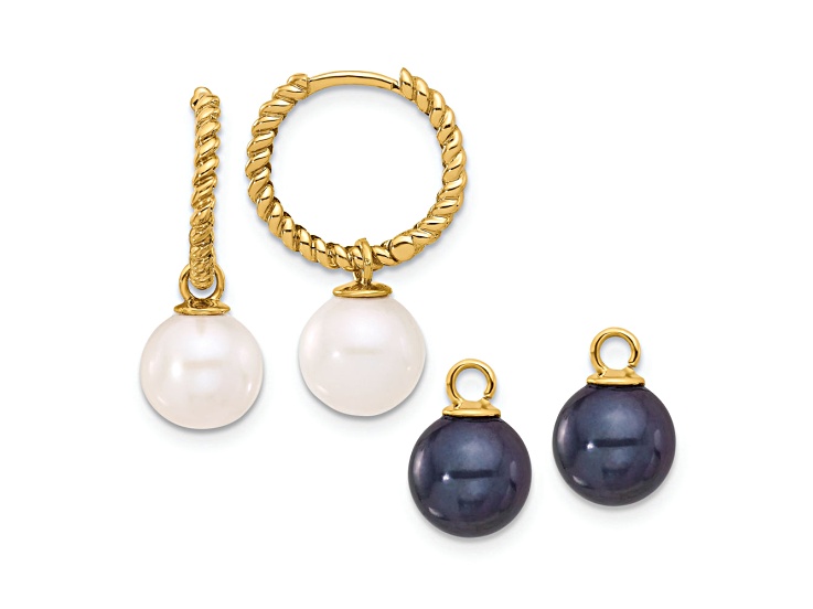 14K Yellow Gold 7-8mm Black and White Freshwater Cultured Pearl Removable Dangle Hoop Earrings