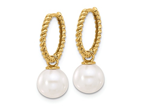 14K Yellow Gold 7-8mm Black and White Freshwater Cultured Pearl Removable Dangle Hoop Earrings
