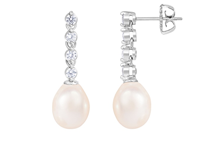 7-8mm White Cultured Freshwater Pearl and Cubic Zirconia Rhodium Over Sterling Silver Earrings
