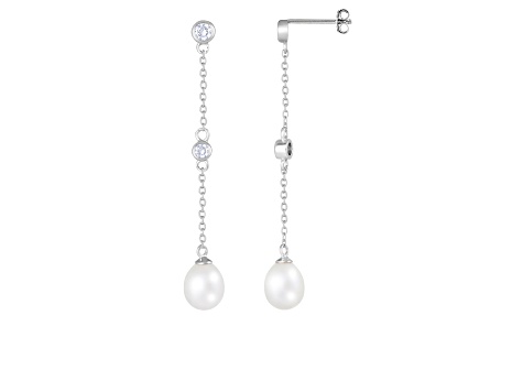 7-8mm white cultured freshwater pearl rhodium over sterling silver earrings