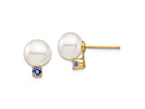 14K Yellow Gold 7-7.5mm White Round Freshwater Cultured Pearl Tanzanite Post Earrings