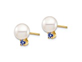 14K Yellow Gold 7-7.5mm White Round Freshwater Cultured Pearl Tanzanite Post Earrings