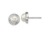 Rhodium Over Sterling Silver CZ 6-7mm White Button Freshwater Cultured Pearl Post Earrings