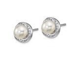 Rhodium Over Sterling Silver CZ 6-7mm White Button Freshwater Cultured Pearl Post Earrings
