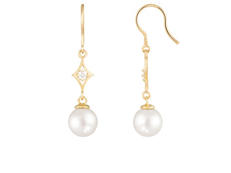 White Cultured Freshwater Pearl 14k Yellow Gold Earrings 7-7.5mm