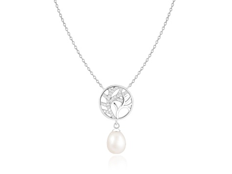 8.5-9mm Drop White Cultured Freshwater Pearl and Cubic Zirconia Rhodium Over Sterling Necklace